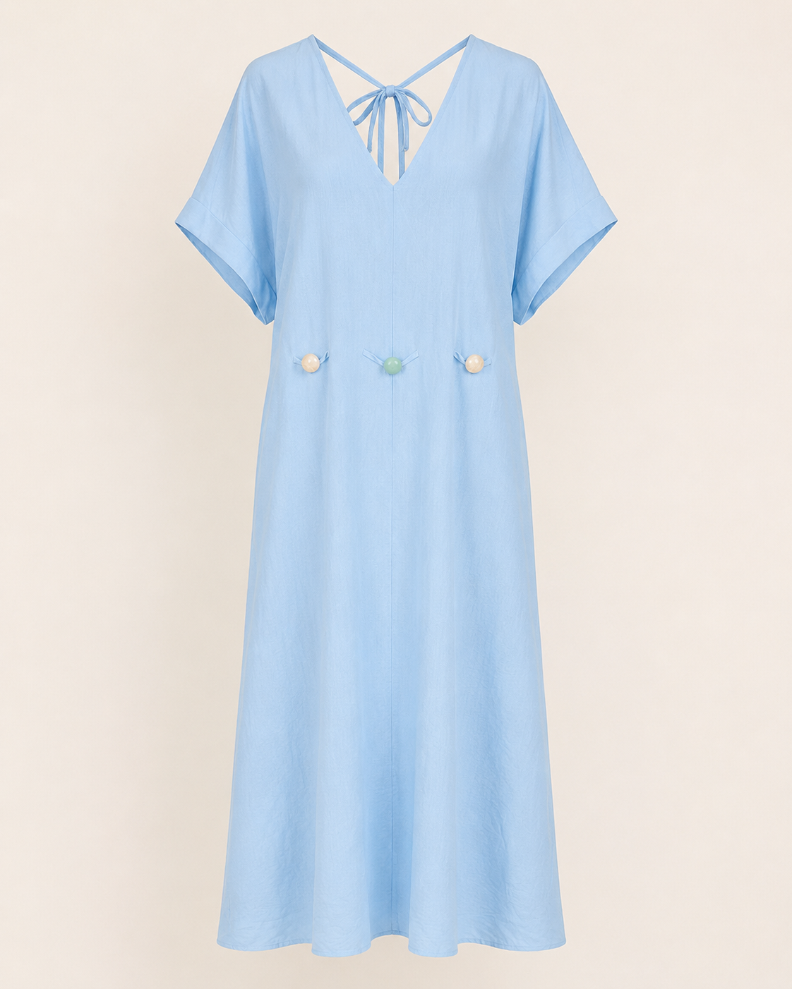 SHELLA — Caftan long col V à dos noué et perles décoratives / V-Neck Tie-Back Maxi Kaftan Dress with Decorative Beads / قفطان طويل برقبة V وظهر مربوط وخرز زخرفي