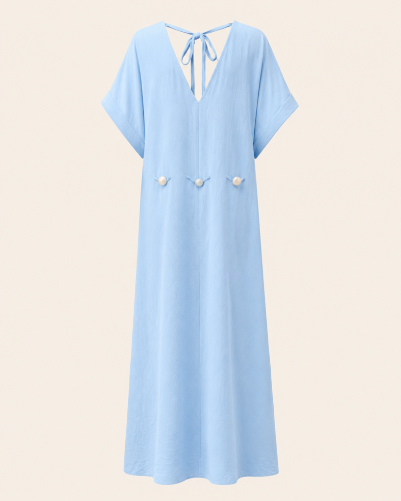 V-Neck Tie-Back Maxi Kaftan Dress with Decorative Beads