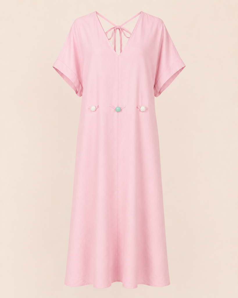 V-Neck Tie-Back Maxi Kaftan Dress with Decorative Beads