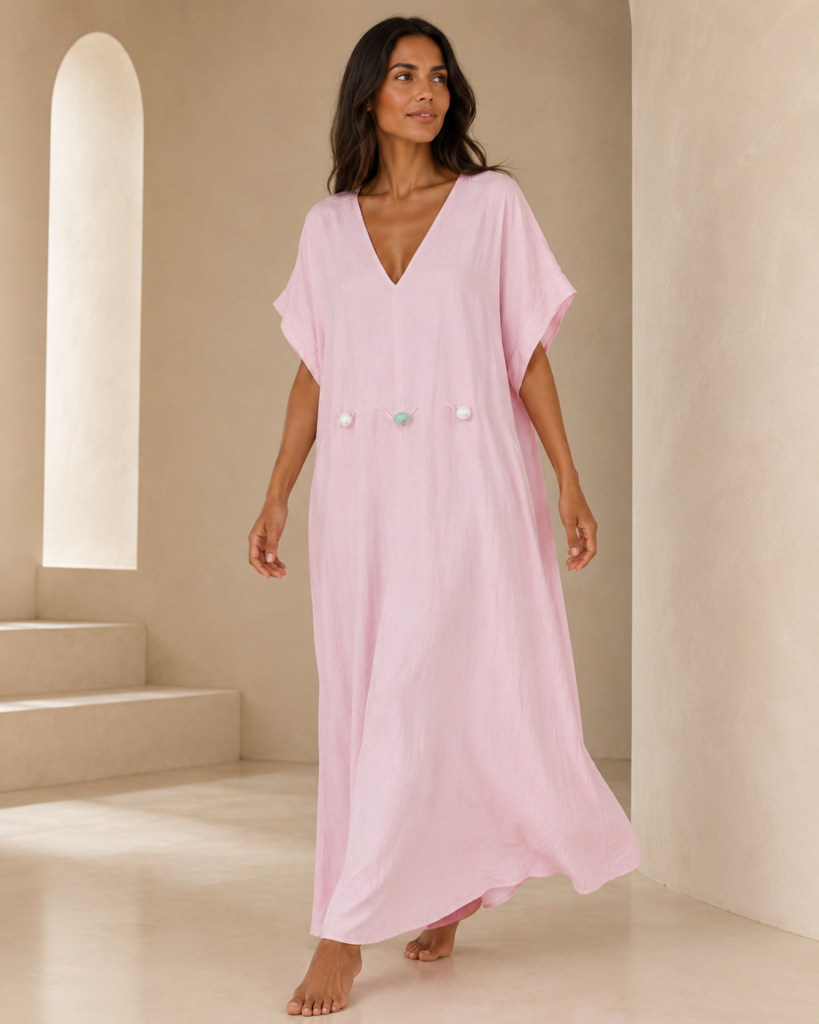 V-Neck Tie-Back Maxi Kaftan Dress with Decorative Beads