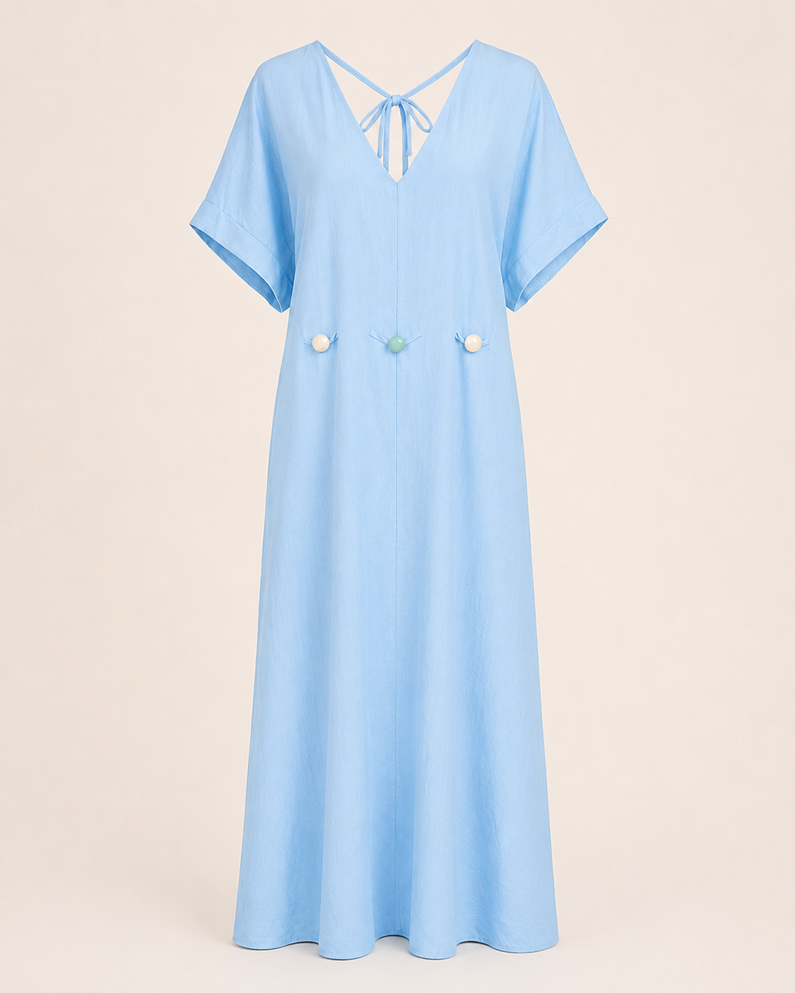 SHELLA — Caftan long col V à dos noué et perles décoratives / V-Neck Tie-Back Maxi Kaftan Dress with Decorative Beads / قفطان طويل برقبة V وظهر مربوط وخرز زخرفي