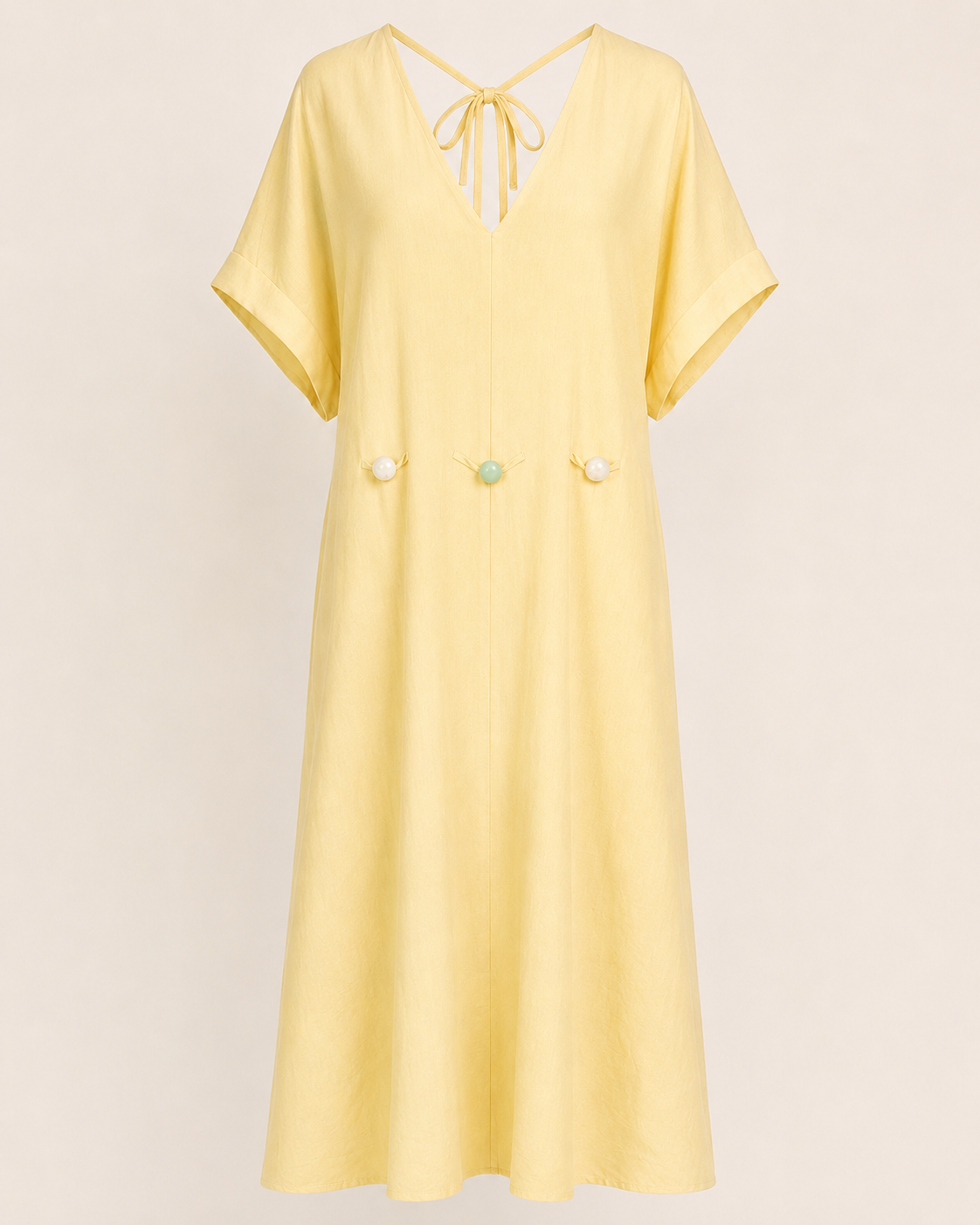 SHELLA — Caftan long col V à dos noué et perles décoratives / V-Neck Tie-Back Maxi Kaftan Dress with Decorative Beads / قفطان طويل برقبة V وظهر مربوط وخرز زخرفي