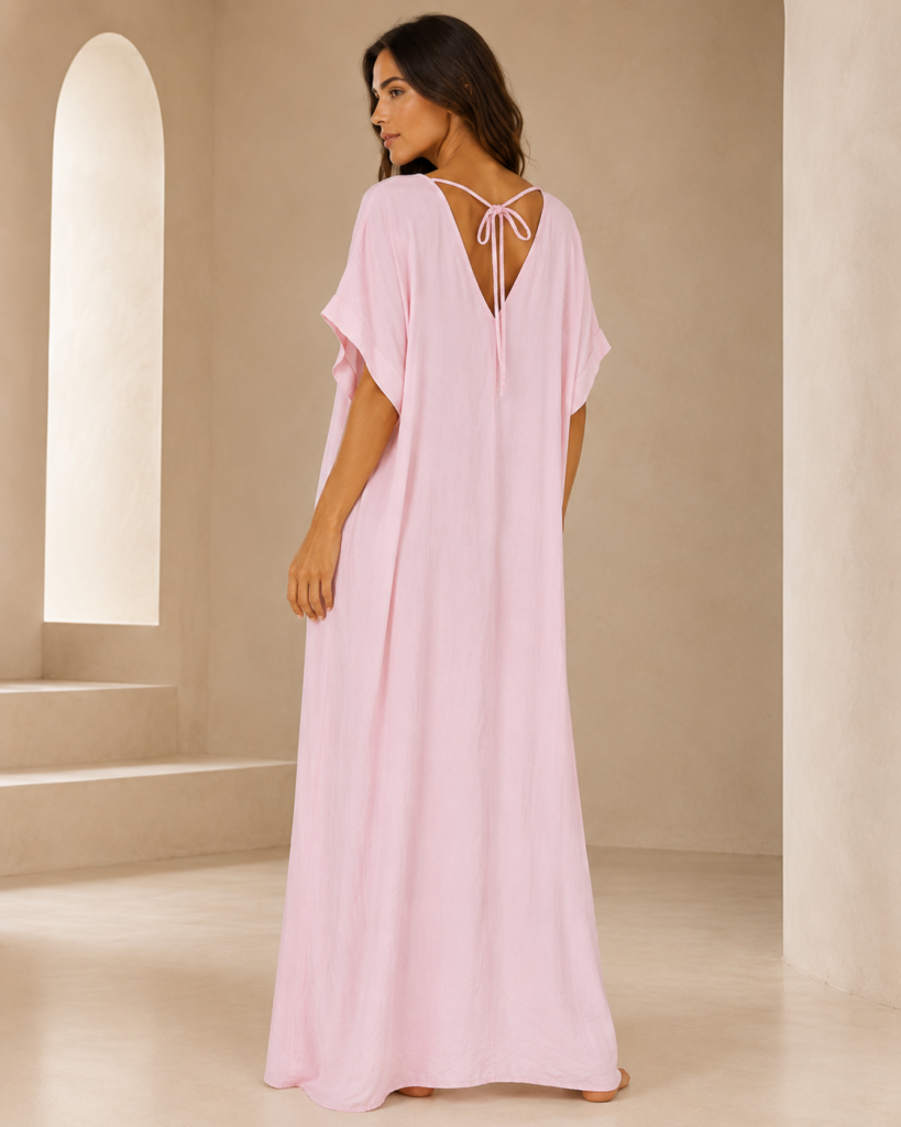 V-Neck Tie-Back Maxi Kaftan Dress with Decorative Beads