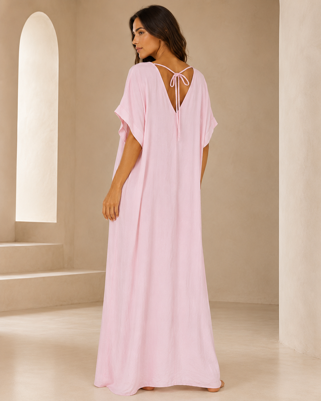 SHELLA — Caftan long col V à dos noué et perles décoratives / V-Neck Tie-Back Maxi Kaftan Dress with Decorative Beads / قفطان طويل برقبة V وظهر مربوط وخرز زخرفي