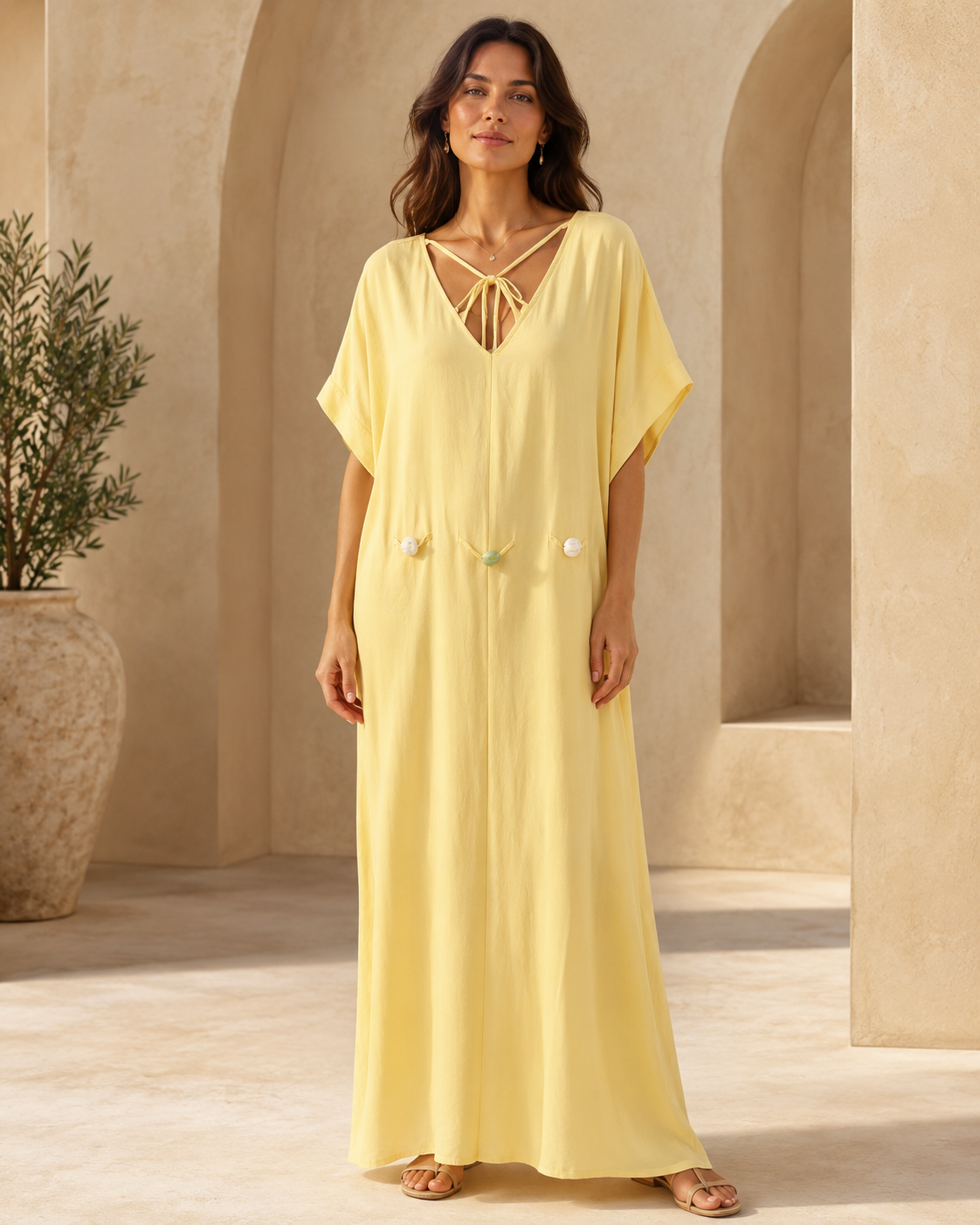 SHELLA — Caftan long col V à dos noué et perles décoratives / V-Neck Tie-Back Maxi Kaftan Dress with Decorative Beads / قفطان طويل برقبة V وظهر مربوط وخرز زخرفي