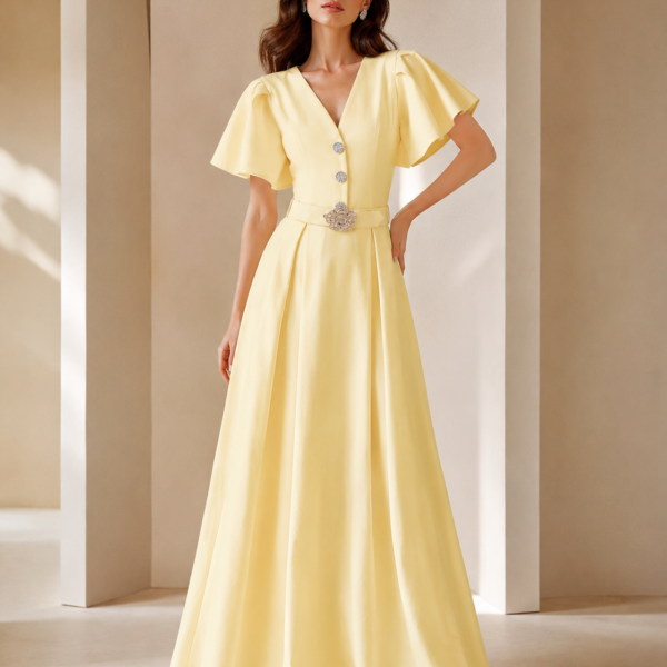 SHELLA — Robe longue à col V, manches papillon & ceinture à boucle florale / V-Neck Flutter Sleeve Belted Maxi Dress with Floral Buckle / فستان طويل برقبة V وأكمام رفرفة وحزام بإبزيم وردي