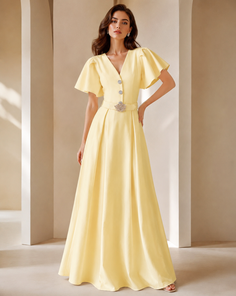 V-Neck Flutter Sleeve Belted Maxi Dress with Floral Buckle