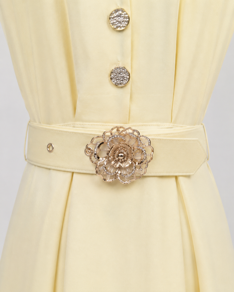 V-Neck Flutter Sleeve Belted Maxi Dress with Floral Buckle