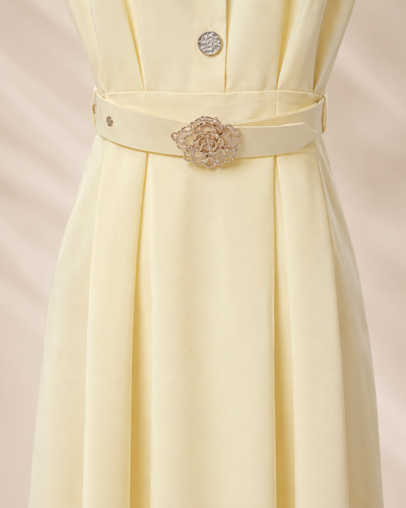 V-Neck Flutter Sleeve Belted Maxi Dress with Floral Buckle