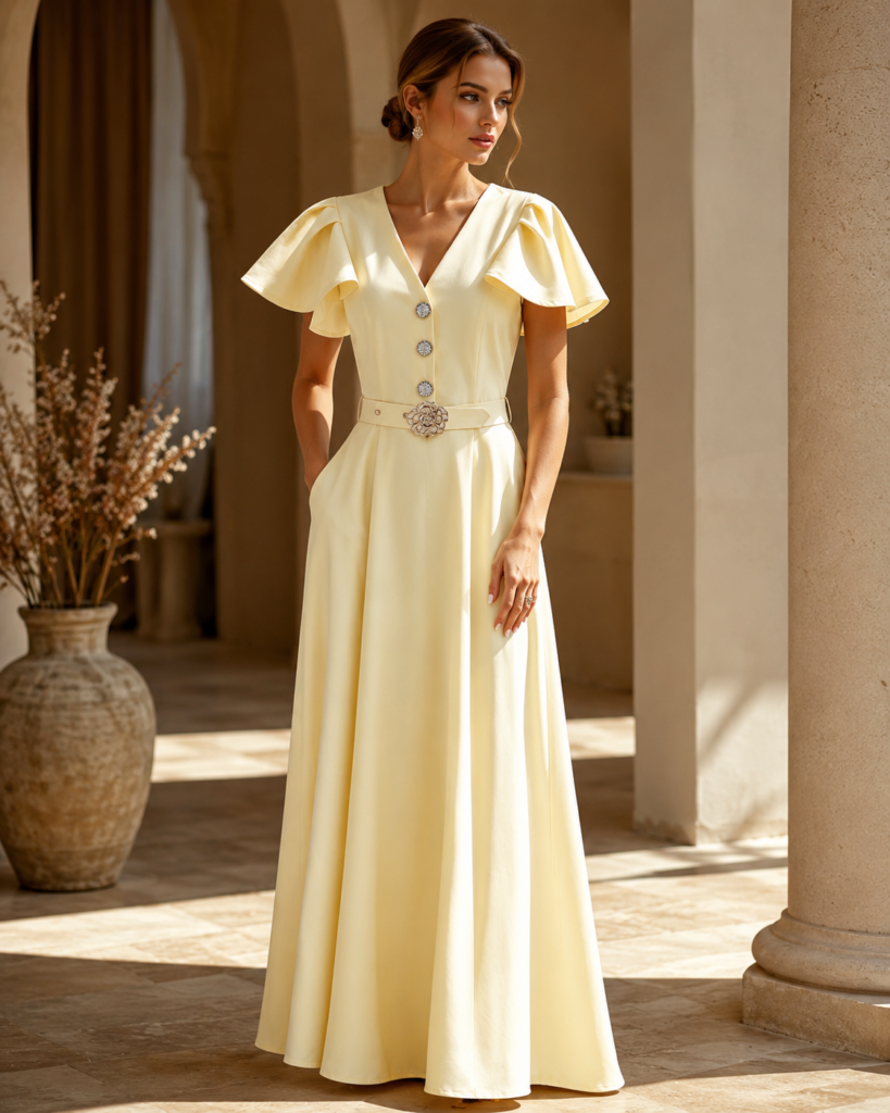 V-Neck Flutter Sleeve Belted Maxi Dress with Floral Buckle