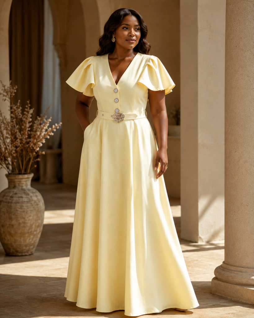 V-Neck Flutter Sleeve Belted Maxi Dress with Floral Buckle