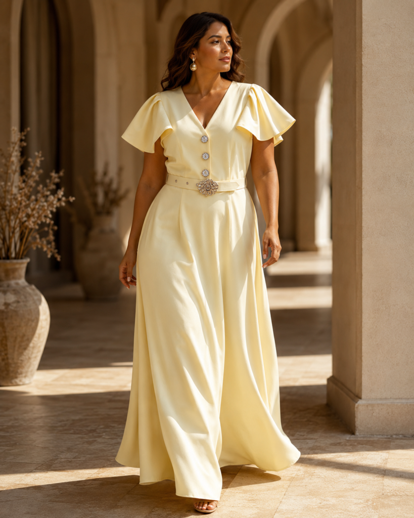 V-Neck Flutter Sleeve Belted Maxi Dress with Floral Buckle