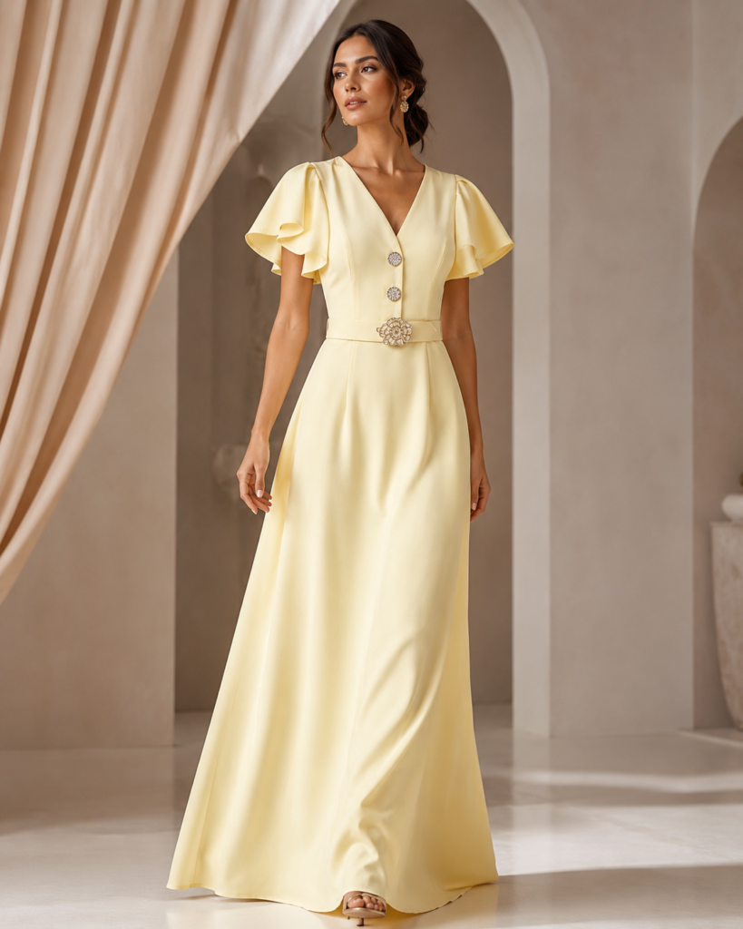 V-Neck Flutter Sleeve Belted Maxi Dress with Floral Buckle