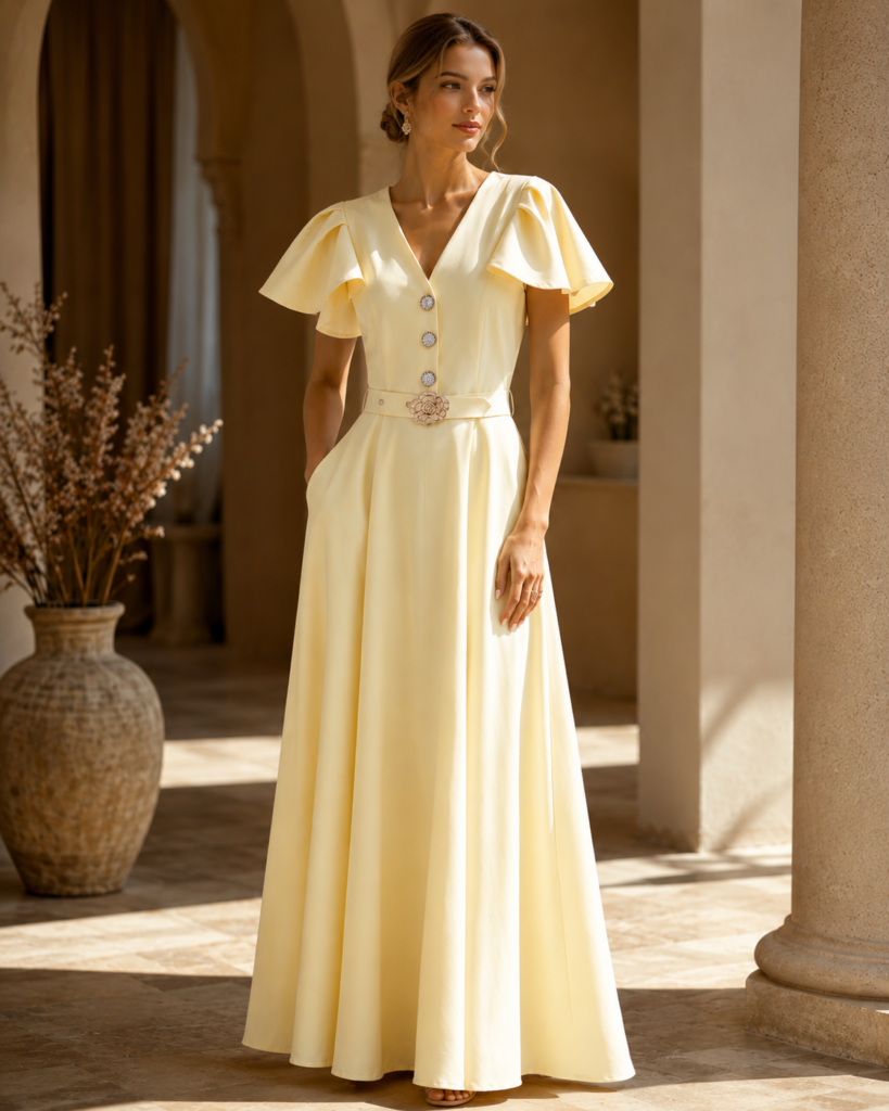 V-Neck Flutter Sleeve Belted Maxi Dress with Floral Buckle