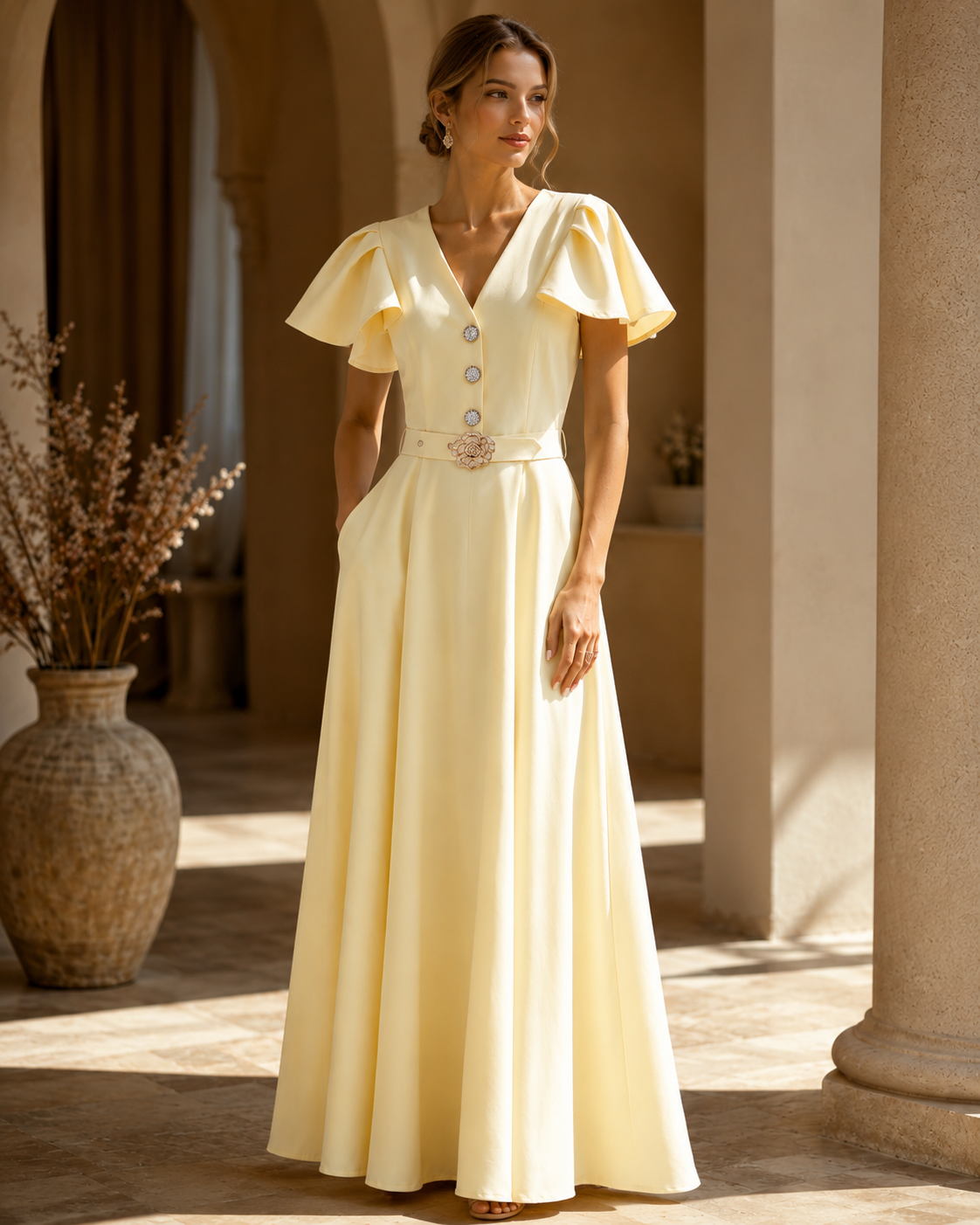SHELLA — Robe longue à col V, manches papillon & ceinture à boucle florale / V-Neck Flutter Sleeve Belted Maxi Dress with Floral Buckle / فستان طويل برقبة V وأكمام رفرفة وحزام بإبزيم وردي