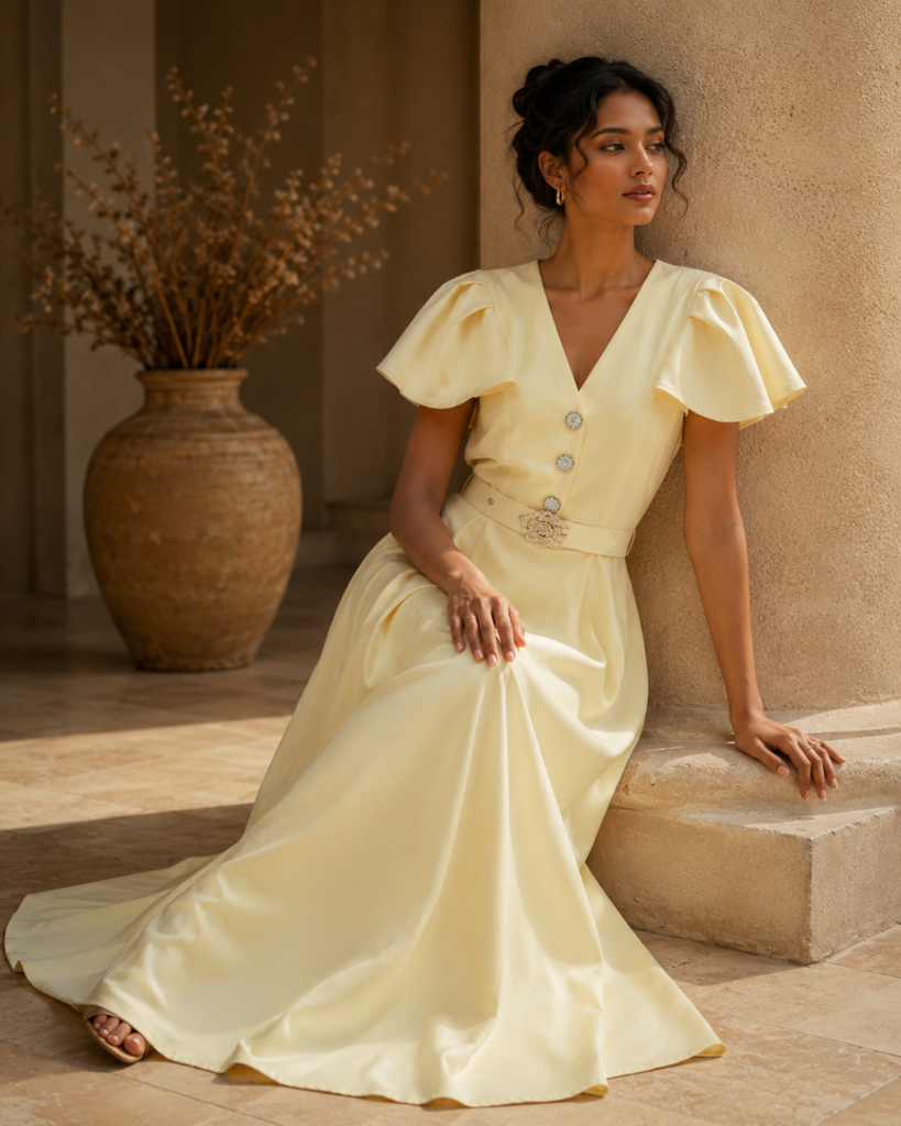 V-Neck Flutter Sleeve Belted Maxi Dress with Floral Buckle