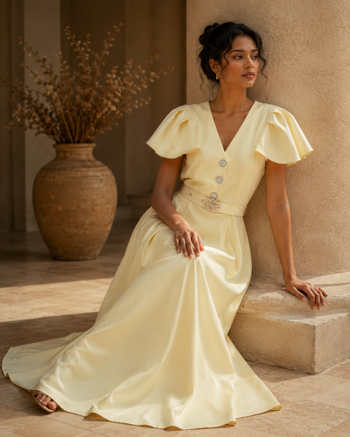 SHELLA — Robe longue à col V, manches papillon & ceinture à boucle florale / V-Neck Flutter Sleeve Belted Maxi Dress with Floral Buckle / فستان طويل برقبة V وأكمام رفرفة وحزام بإبزيم وردي