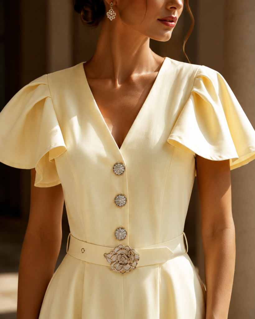 V-Neck Flutter Sleeve Belted Maxi Dress with Floral Buckle