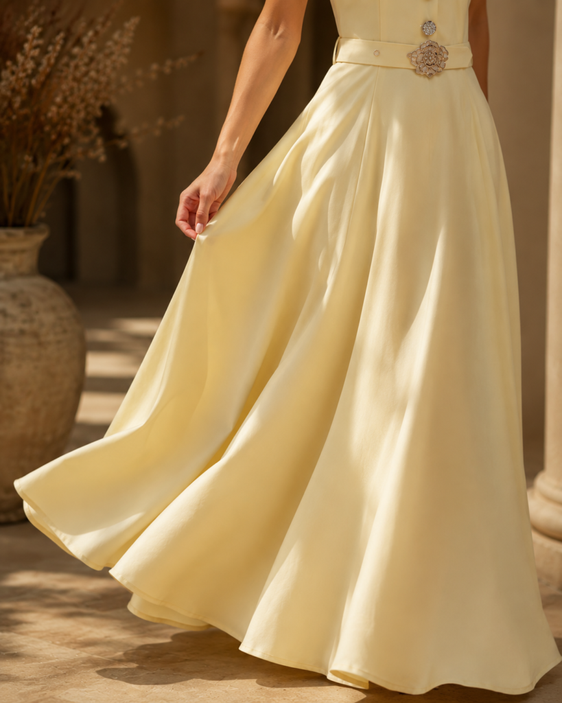 V-Neck Flutter Sleeve Belted Maxi Dress with Floral Buckle