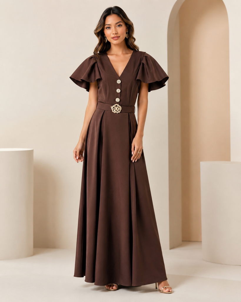 V-Neck Flutter Sleeve Belted Maxi Dress with Floral Buckle
