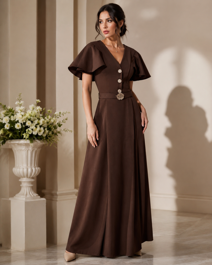 V-Neck Flutter Sleeve Belted Maxi Dress with Floral Buckle