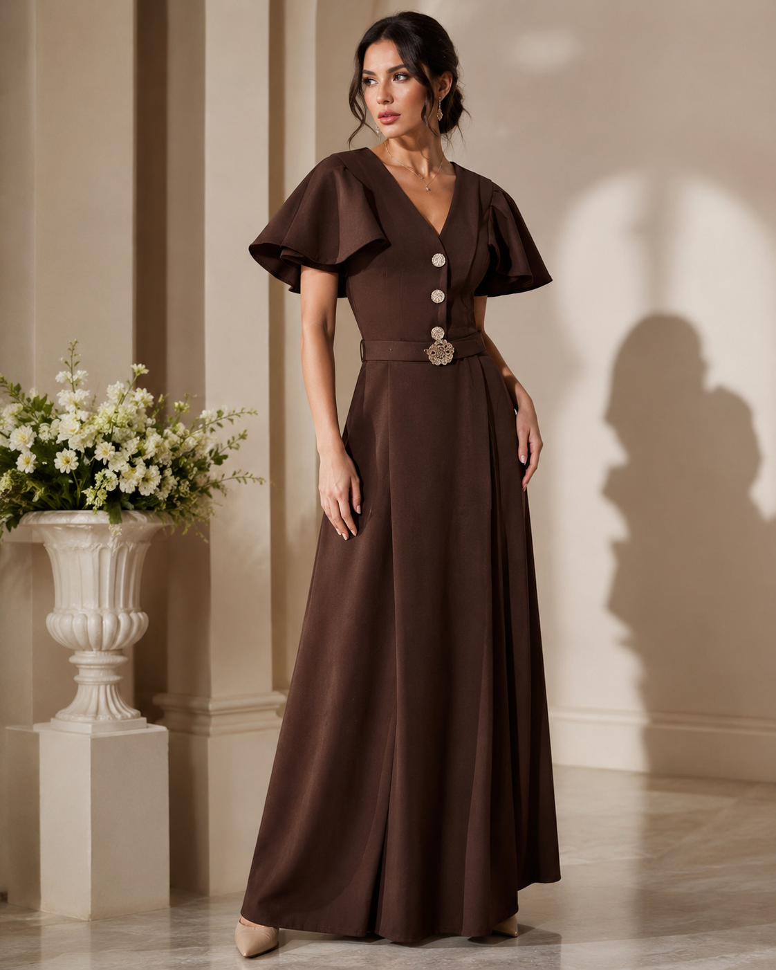 SHELLA — Robe longue à col V, manches papillon & ceinture à boucle florale / V-Neck Flutter Sleeve Belted Maxi Dress with Floral Buckle / فستان طويل برقبة V وأكمام رفرفة وحزام بإبزيم وردي