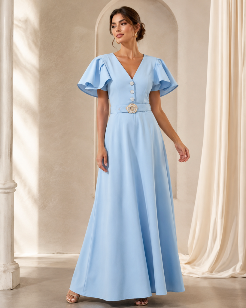 V-Neck Flutter Sleeve Belted Maxi Dress with Floral Buckle