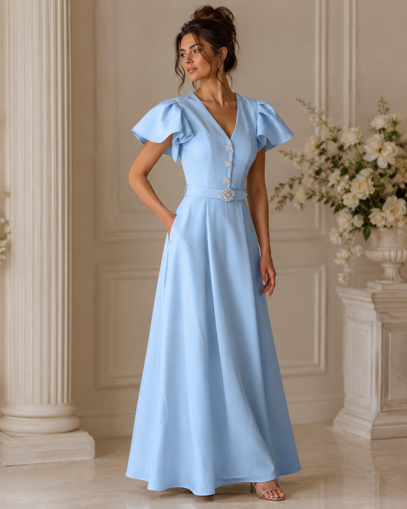 V-Neck Flutter Sleeve Belted Maxi Dress with Floral Buckle