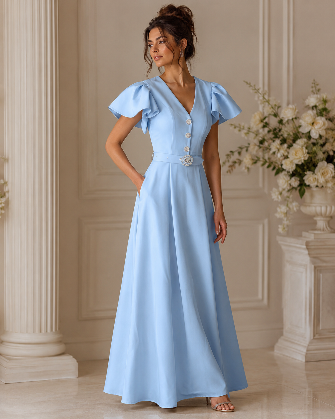 SHELLA — Robe longue à col V, manches papillon & ceinture à boucle florale / V-Neck Flutter Sleeve Belted Maxi Dress with Floral Buckle / فستان طويل برقبة V وأكمام رفرفة وحزام بإبزيم وردي