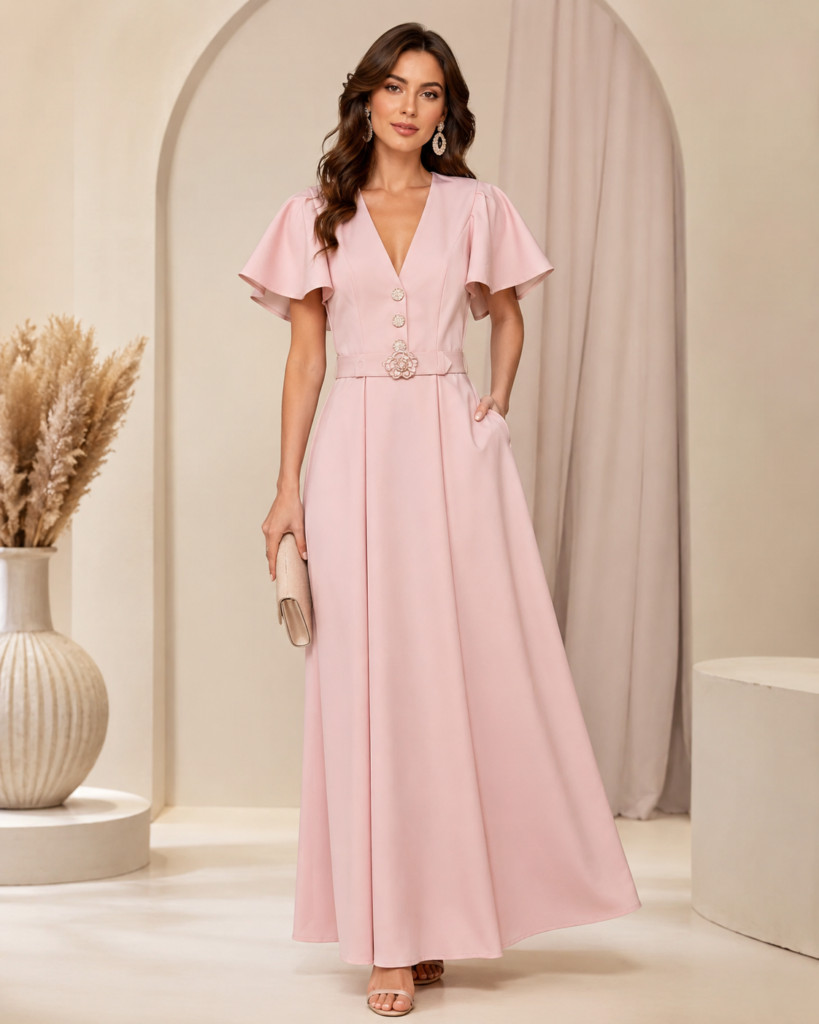 V-Neck Flutter Sleeve Belted Maxi Dress with Floral Buckle