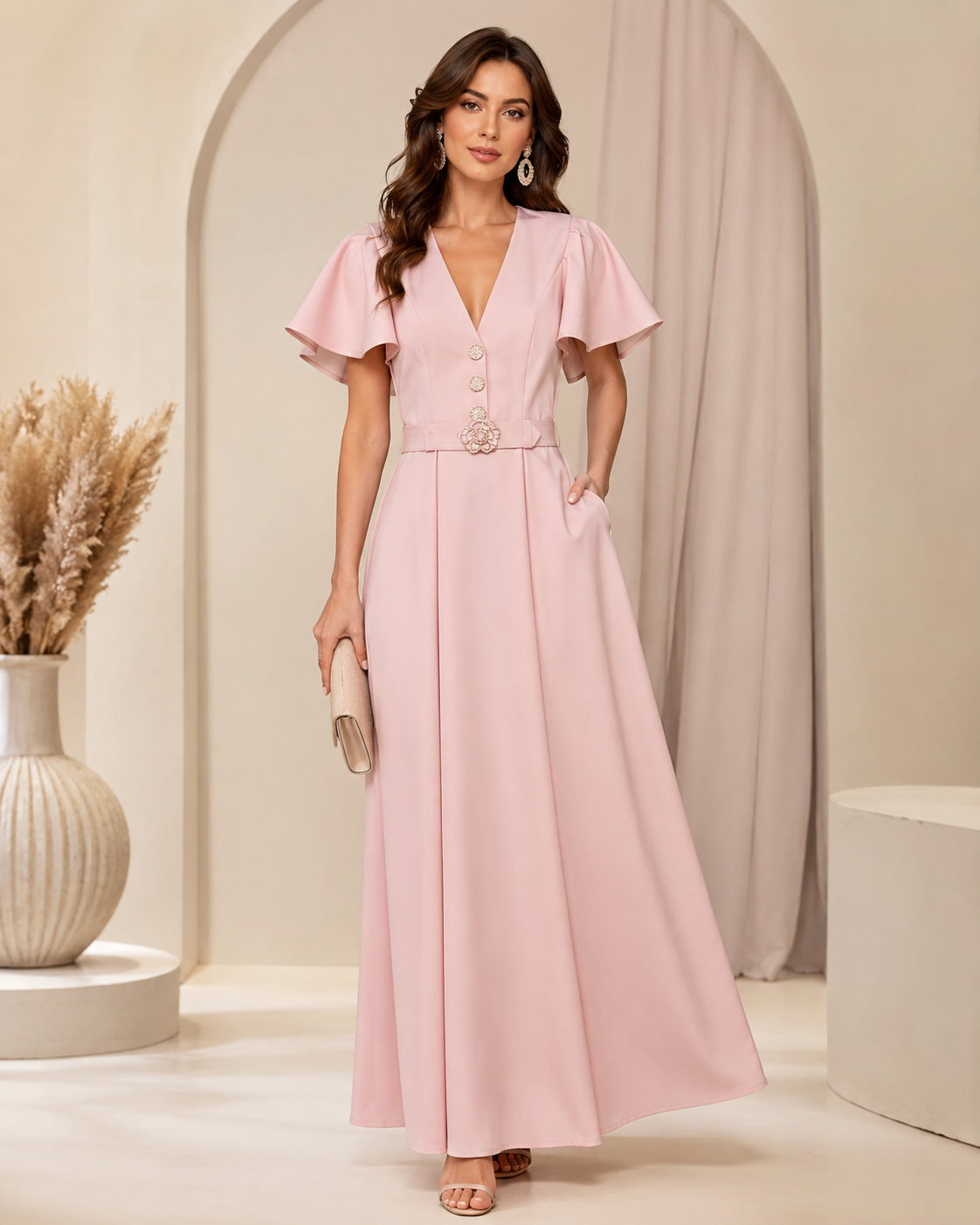 SHELLA — Robe longue à col V, manches papillon & ceinture à boucle florale / V-Neck Flutter Sleeve Belted Maxi Dress with Floral Buckle / فستان طويل برقبة V وأكمام رفرفة وحزام بإبزيم وردي