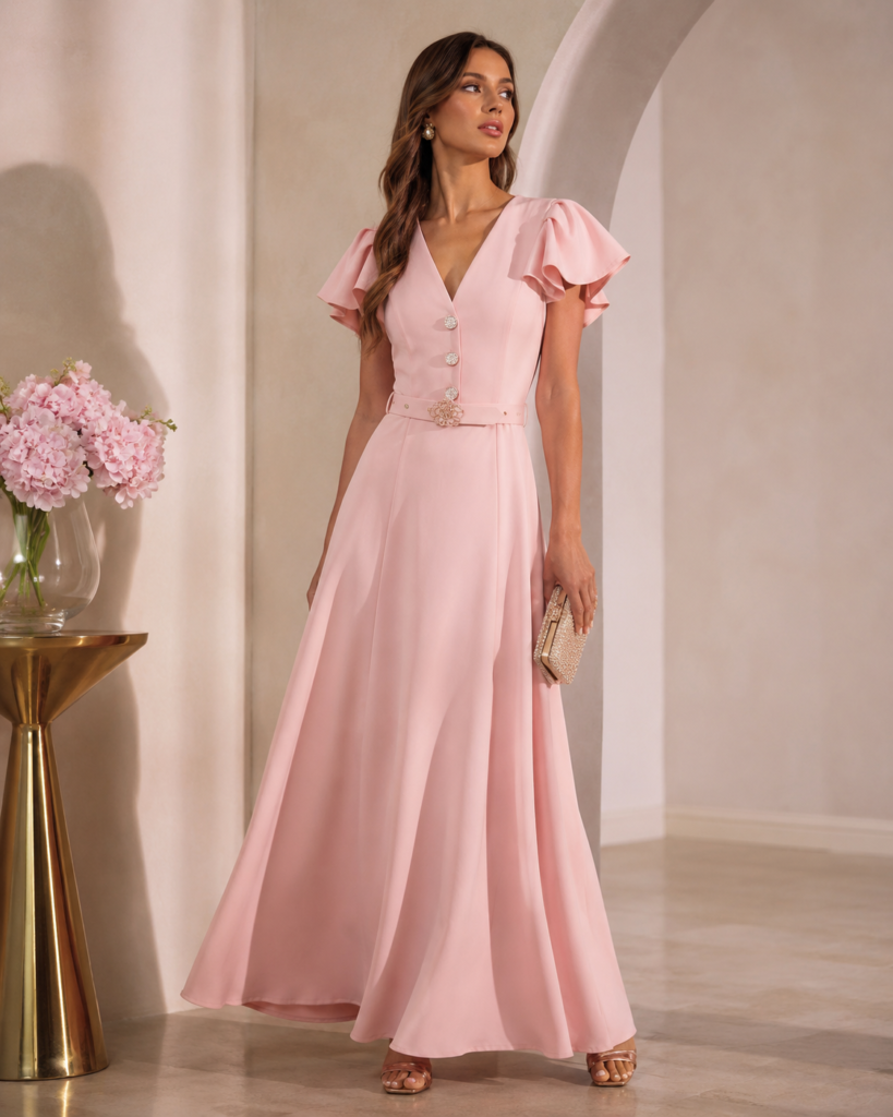 V-Neck Flutter Sleeve Belted Maxi Dress with Floral Buckle