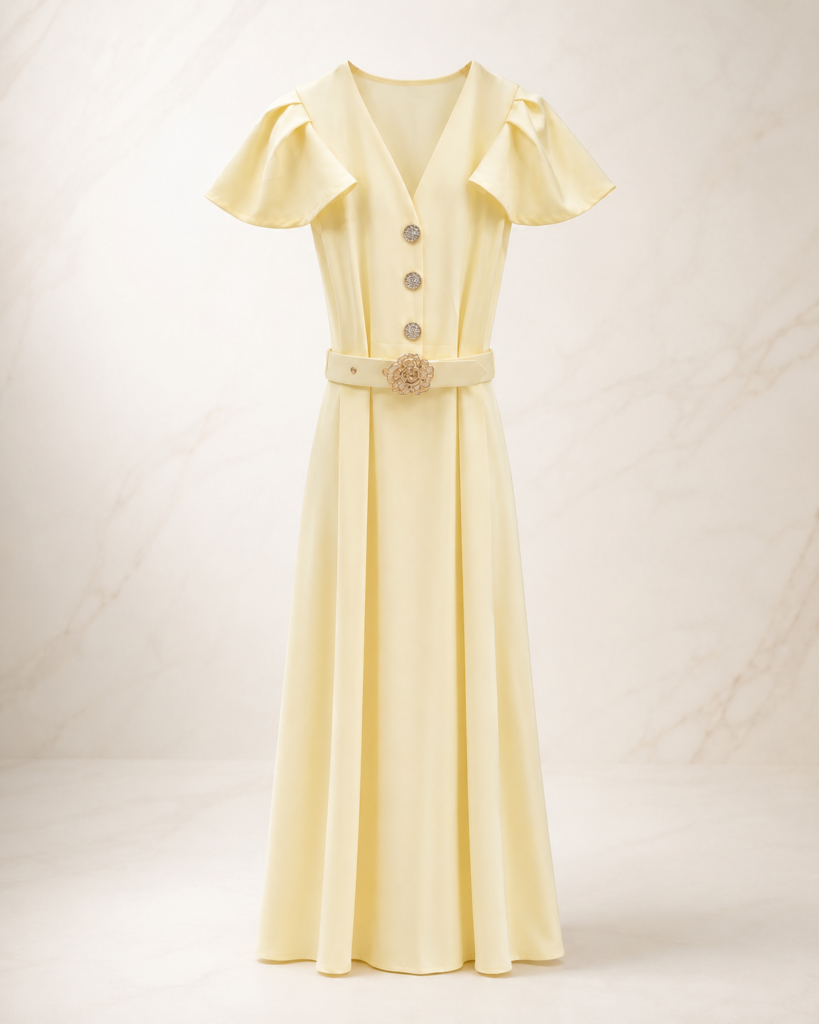V-Neck Flutter Sleeve Belted Maxi Dress with Floral Buckle