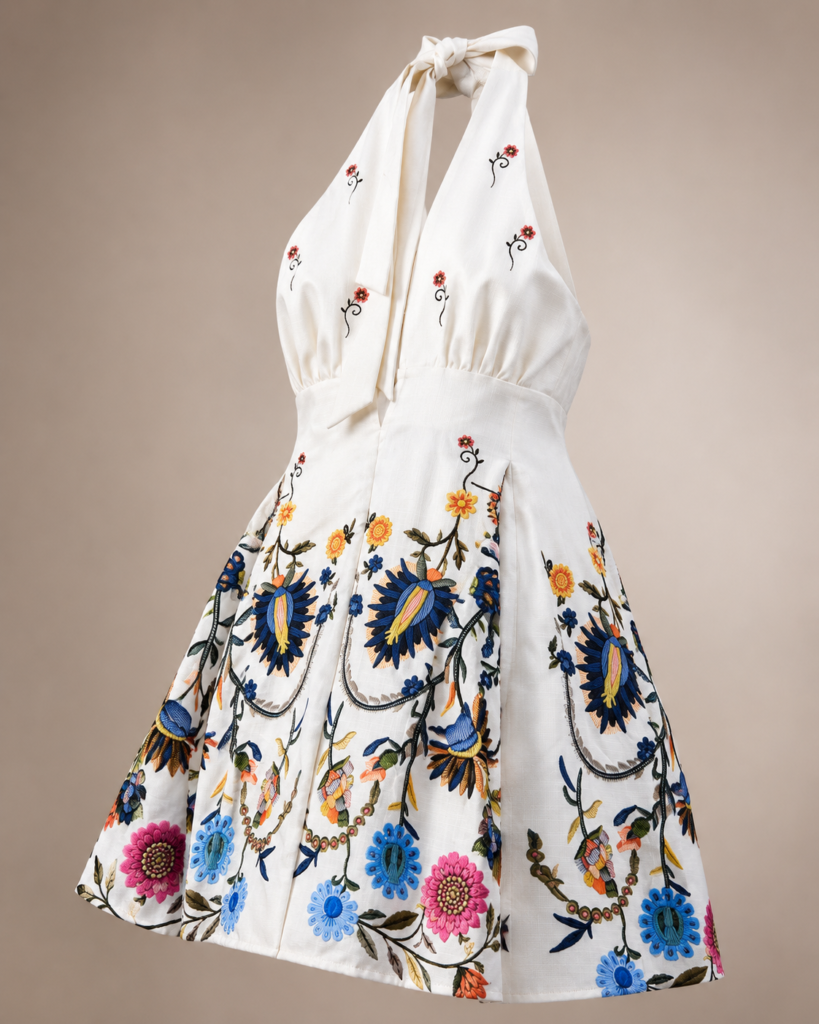 White Floral Embroidered Halter Neck Mini Dress