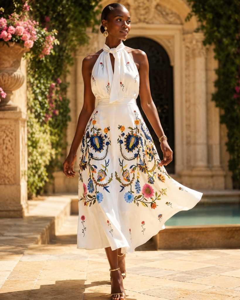 White Floral Embroidered Halter Neck Mini Dress