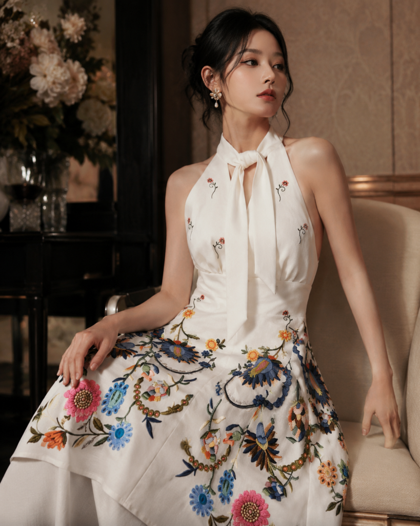 White Floral Embroidered Halter Neck Mini Dress