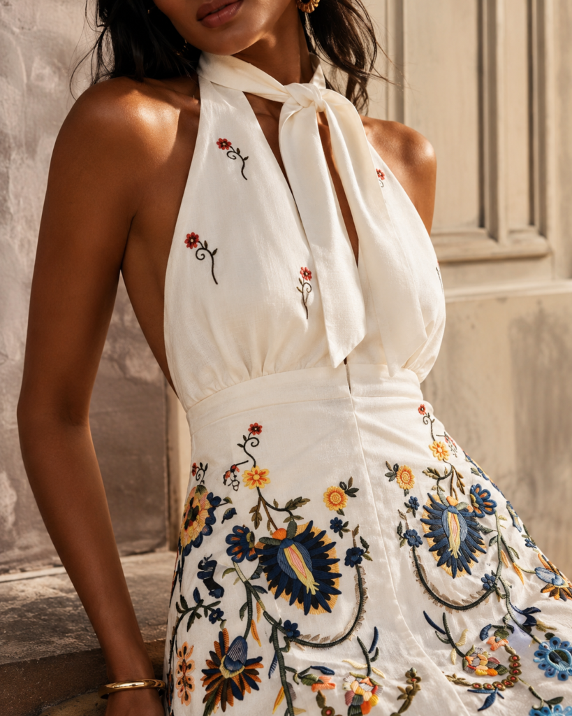 White Floral Embroidered Halter Neck Mini Dress
