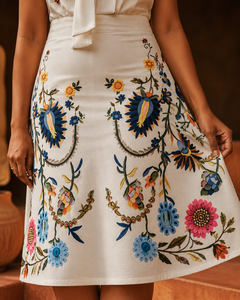 White Floral Embroidered Halter Neck Mini Dress