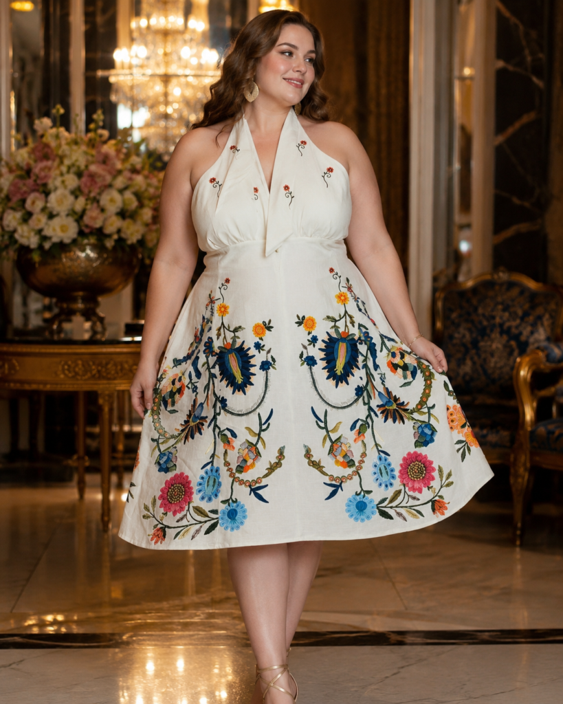 White Floral Embroidered Halter Neck Mini Dress