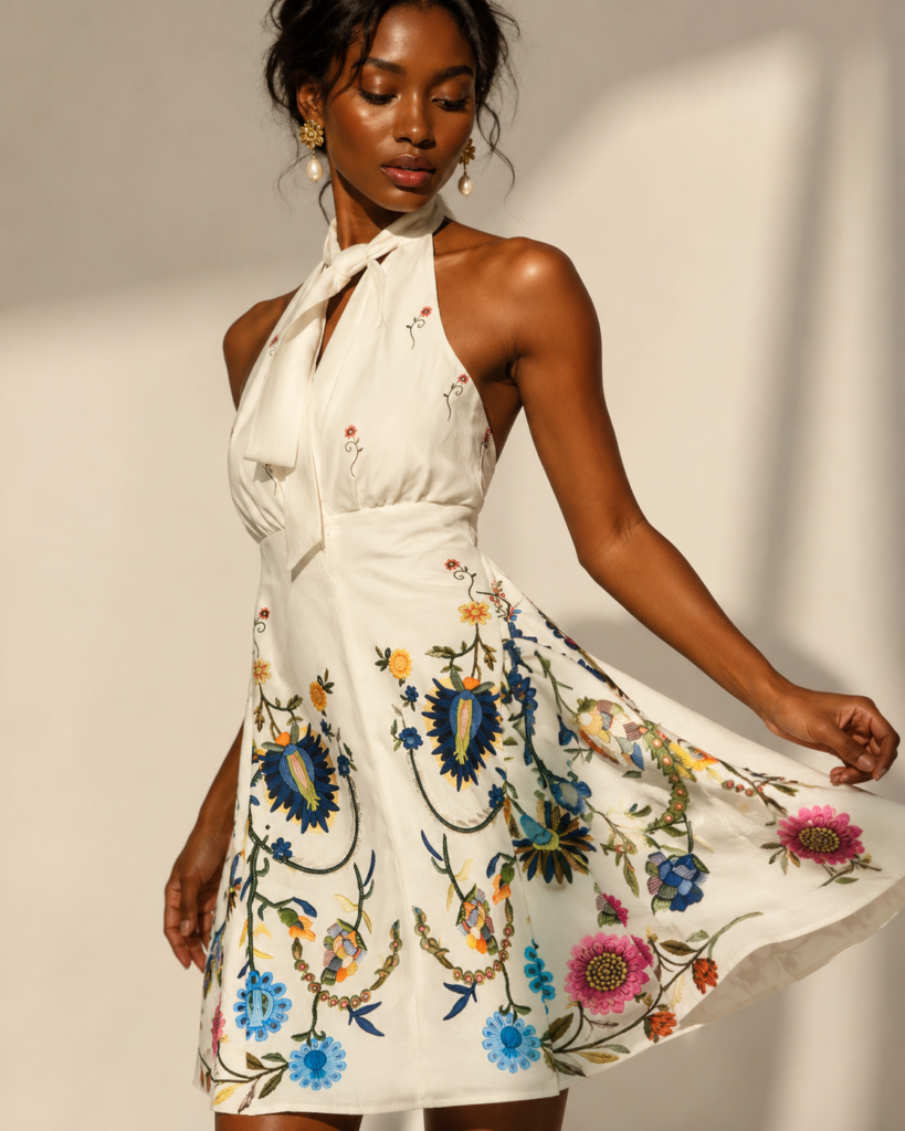 White Floral Embroidered Halter Neck Mini Dress