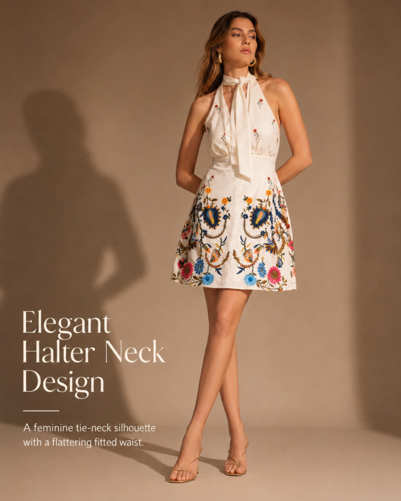 White Floral Embroidered Halter Neck Mini Dress