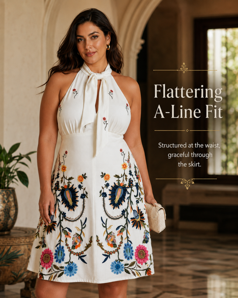 White Floral Embroidered Halter Neck Mini Dress