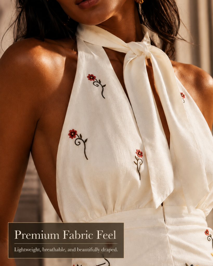 White Floral Embroidered Halter Neck Mini Dress