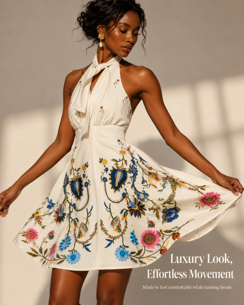 White Floral Embroidered Halter Neck Mini Dress
