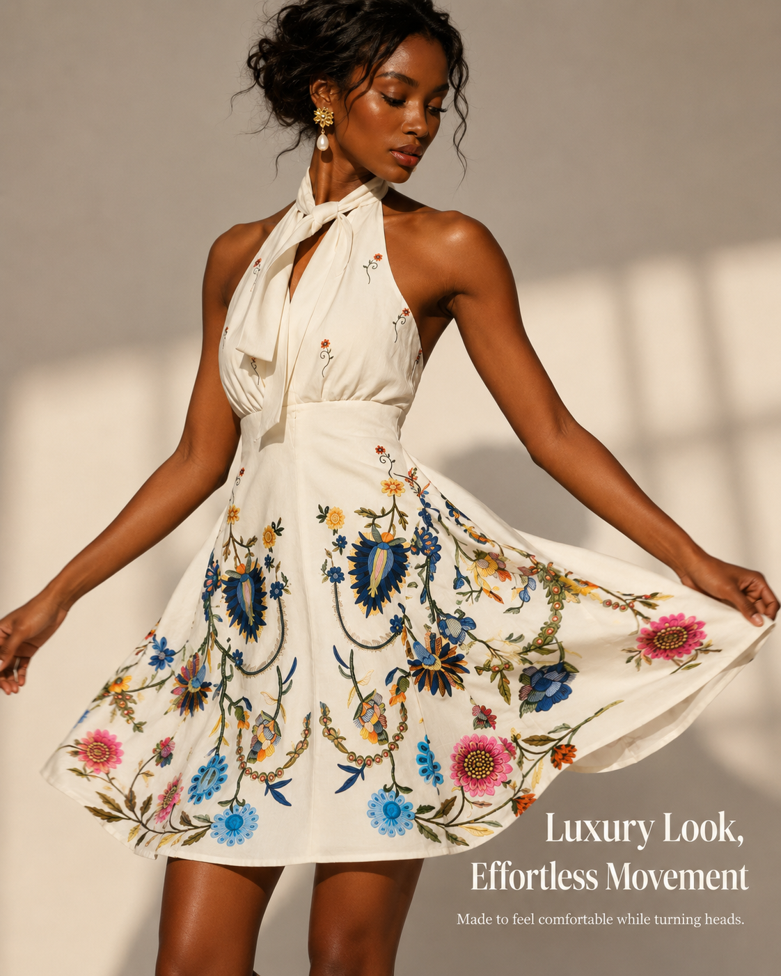 SHELLA — Robe courte blanche brodée fleurie dos-nu à nouer / White Floral Embroidered Halter Neck Mini Dress / فستان قصير أبيض مطرّز بالأزهار برقبة هالتر