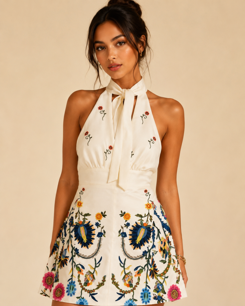 White Floral Embroidered Halter Neck Mini Dress