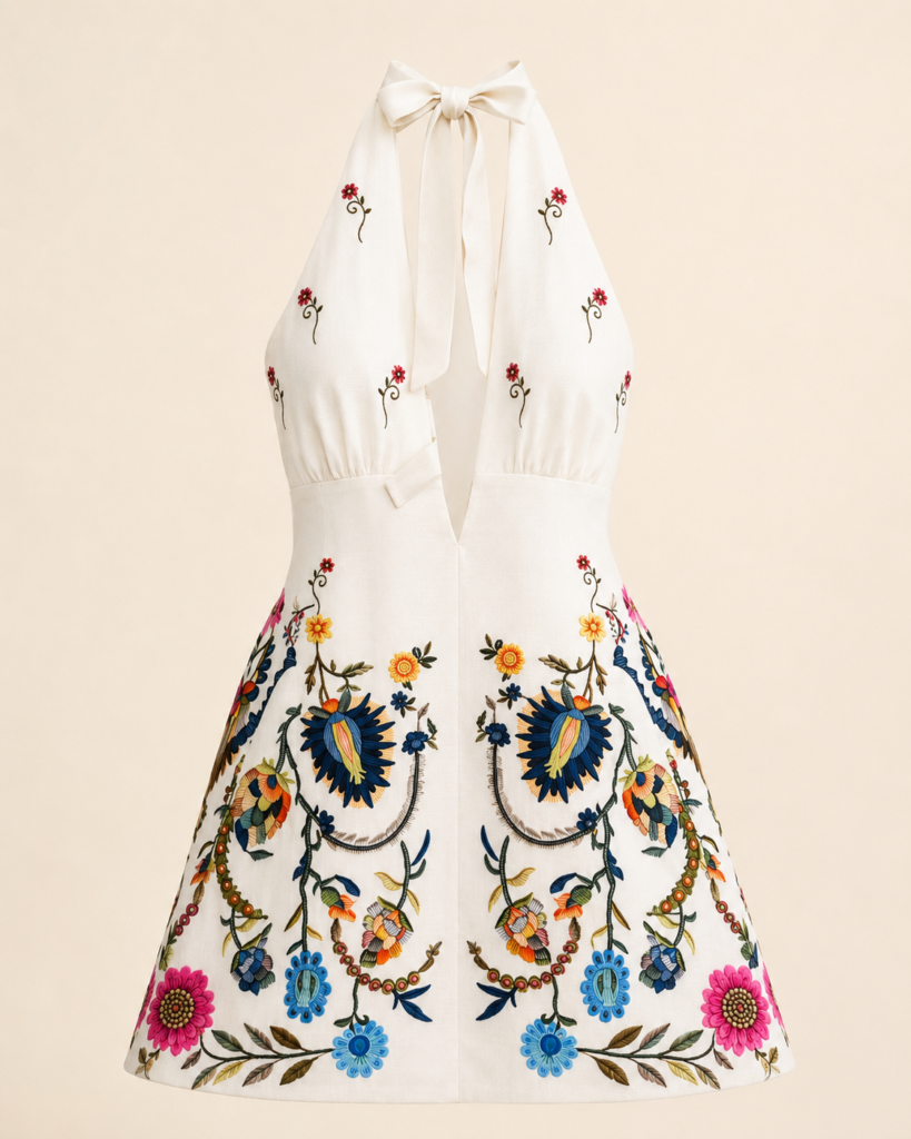 White Floral Embroidered Halter Neck Mini Dress