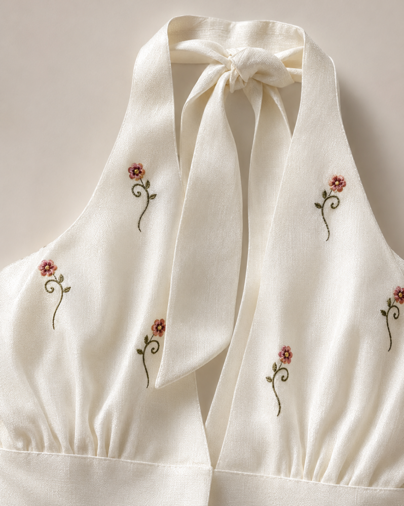White Floral Embroidered Halter Neck Mini Dress