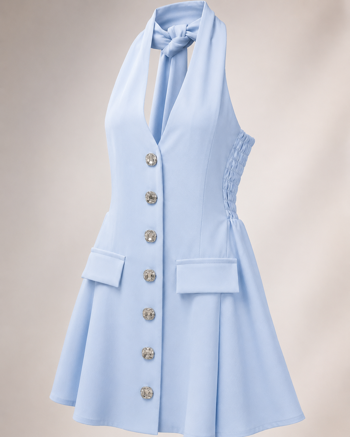 SHELLA — Robe courte gilet à col licou et boutons dorés / Tie-Neck Halter Waistcoat Mini Dress / فستان صديري قصير برقبة رسن وأزرار ذهبية