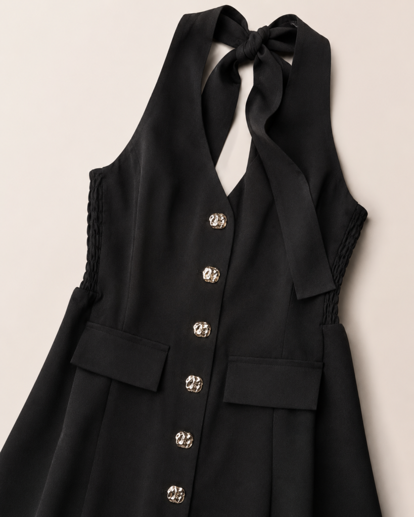 Women's Tie-Neck Halter Waistcoat Mini Dress with Gold Buttons